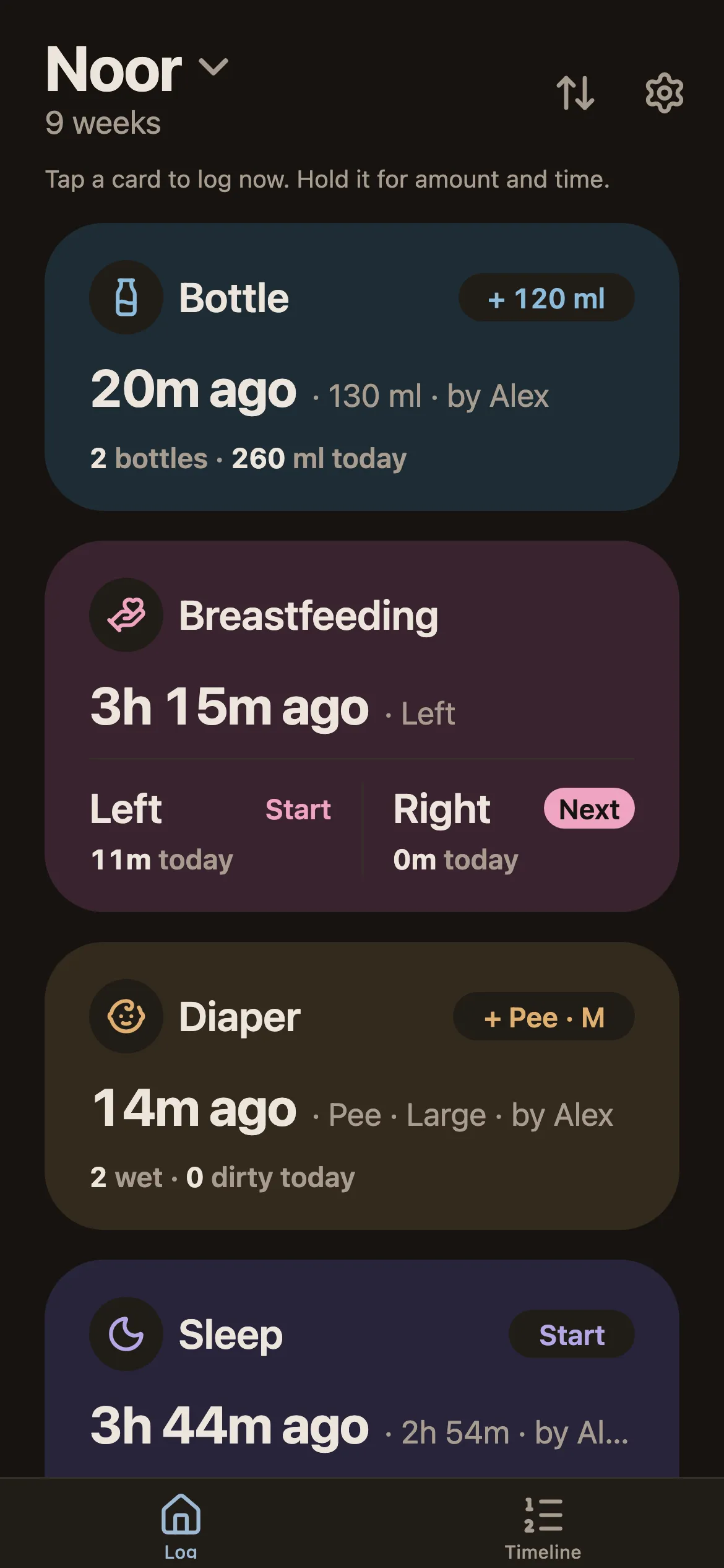 The Log screen in dark mode: the same tracker cards in warm, dim colours