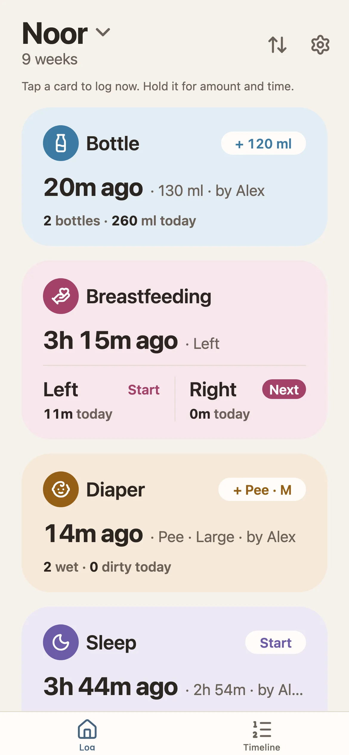 The Log screen for Noor, 9 weeks: Bottle, Breastfeeding, Diaper and Sleep cards, the bottle card showing “20m ago · 130 ml · by Alex”